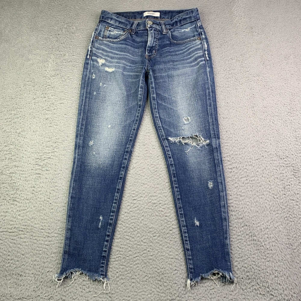 Moussy Vintage Jeans Womens Size 24 Blue Factory Distressed Raw Hem Cotton Blend